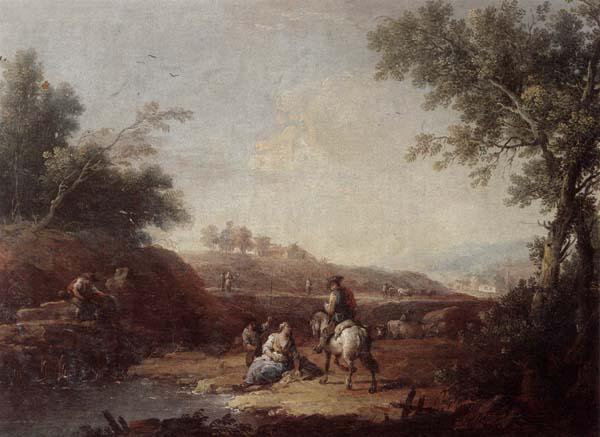  An italianate landscape with fishermen and travellers resting beside a pool